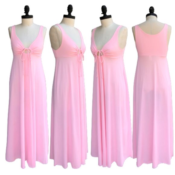 Vintage 70s Key Hole Tie Front Empire Waist Barbiecore Pink Maxi Nightgown Dress - Picture 3 of 15